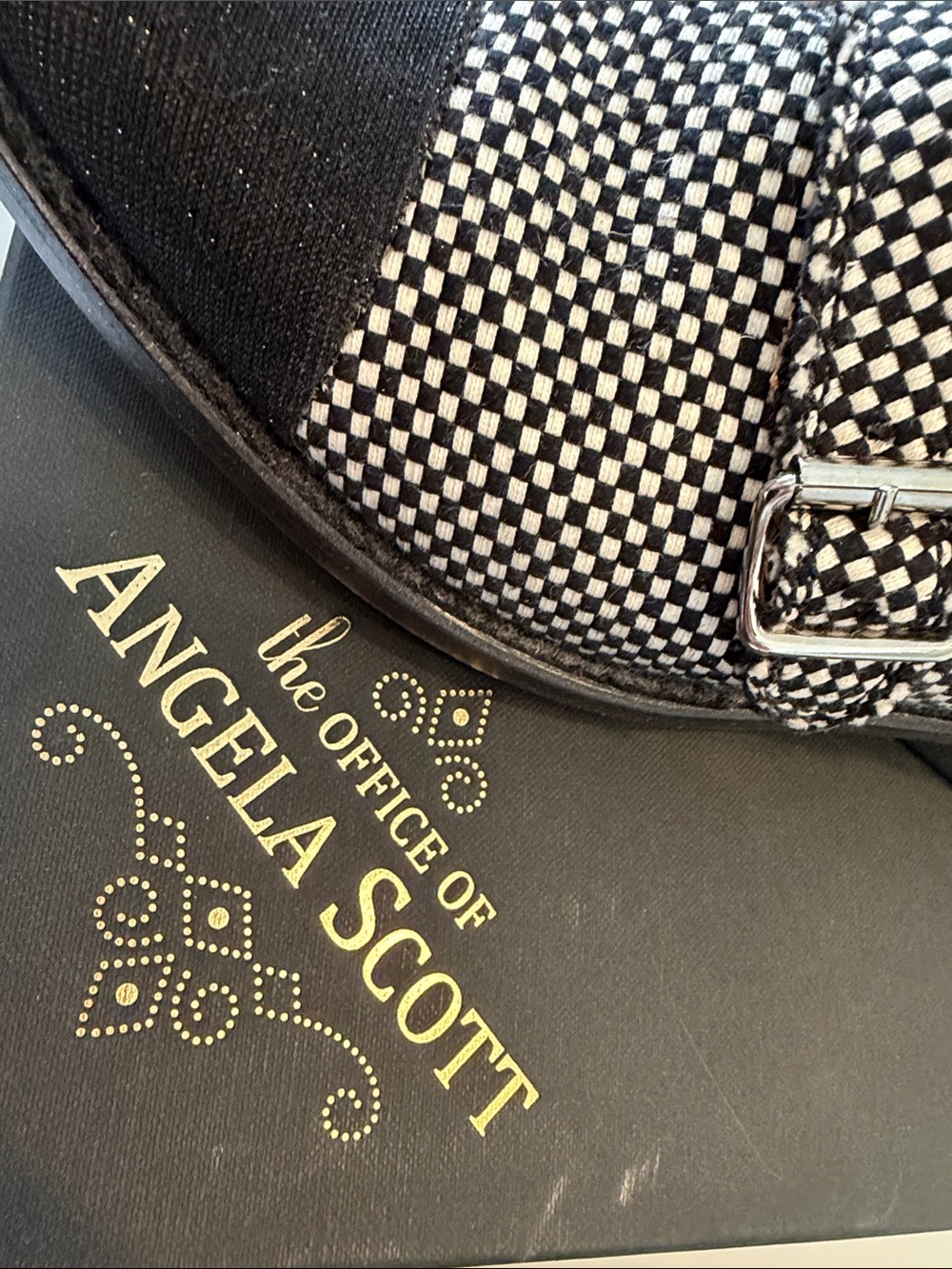 The Office of Angela Scott Black Sparkles & White Check Twill Buckled Shoe 38